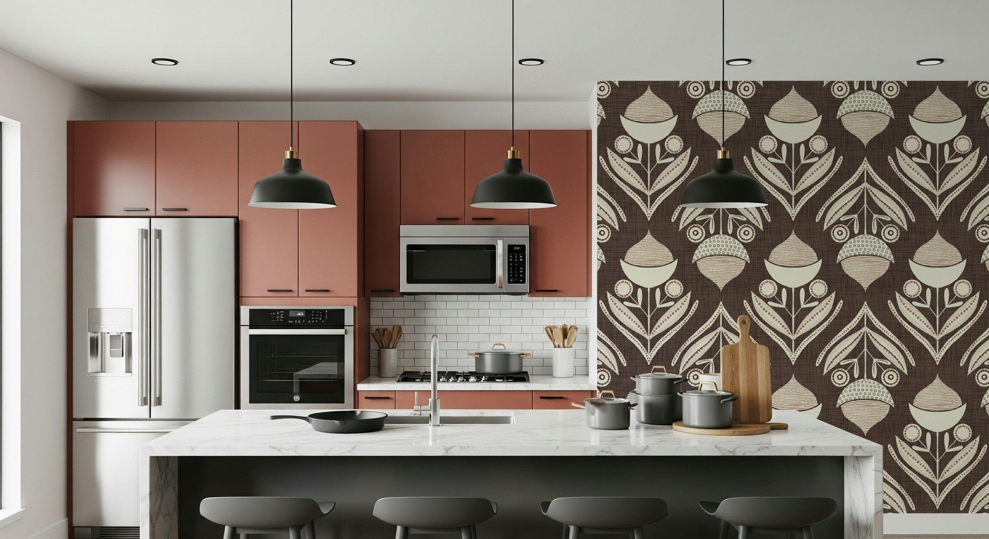 Patterned wallpaper featuring cream and muted red floral motifs set against a rich brown backdrop.