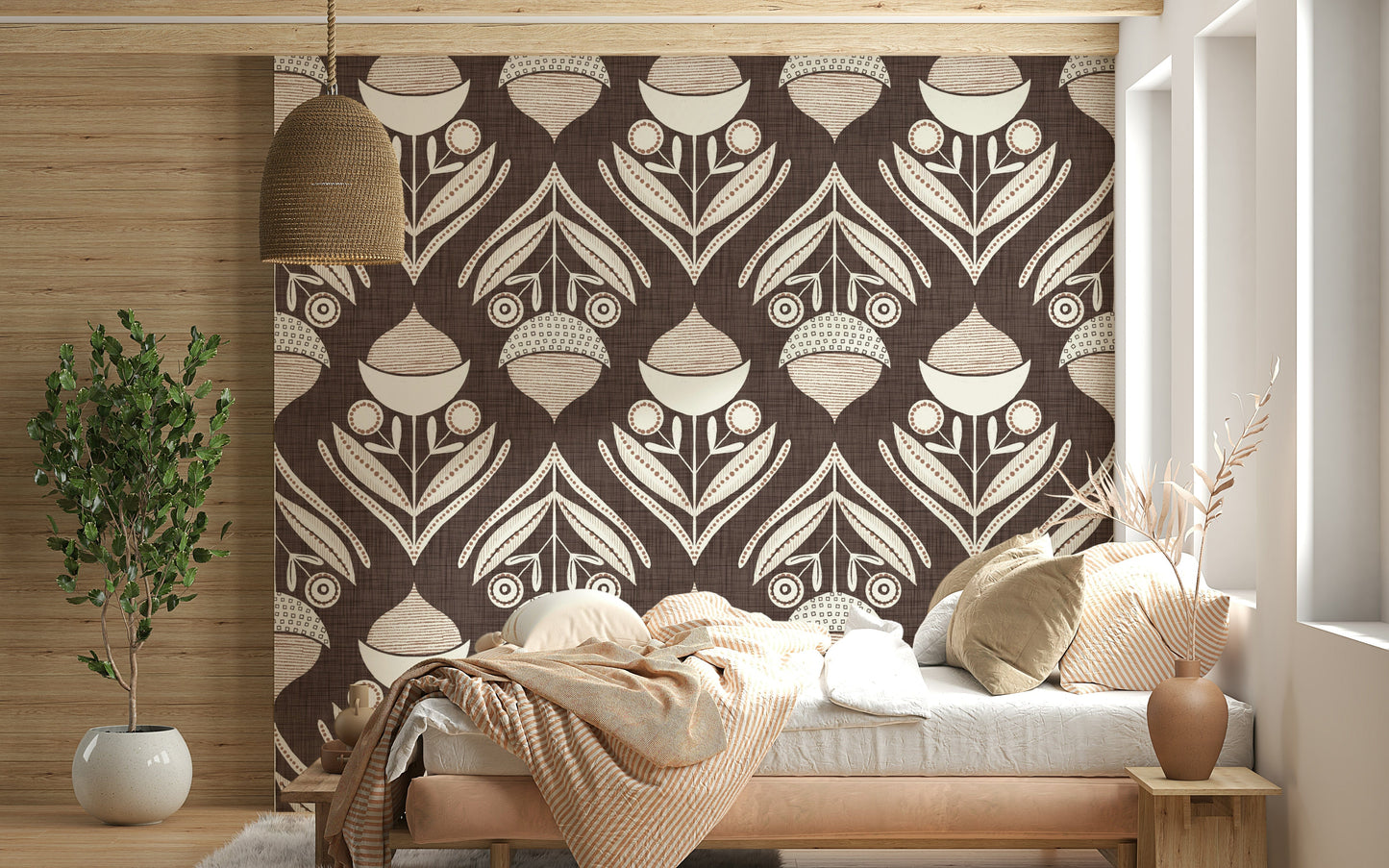Decorative wallpaper mural with symmetrical floral shapes and earthy geometric detailing.