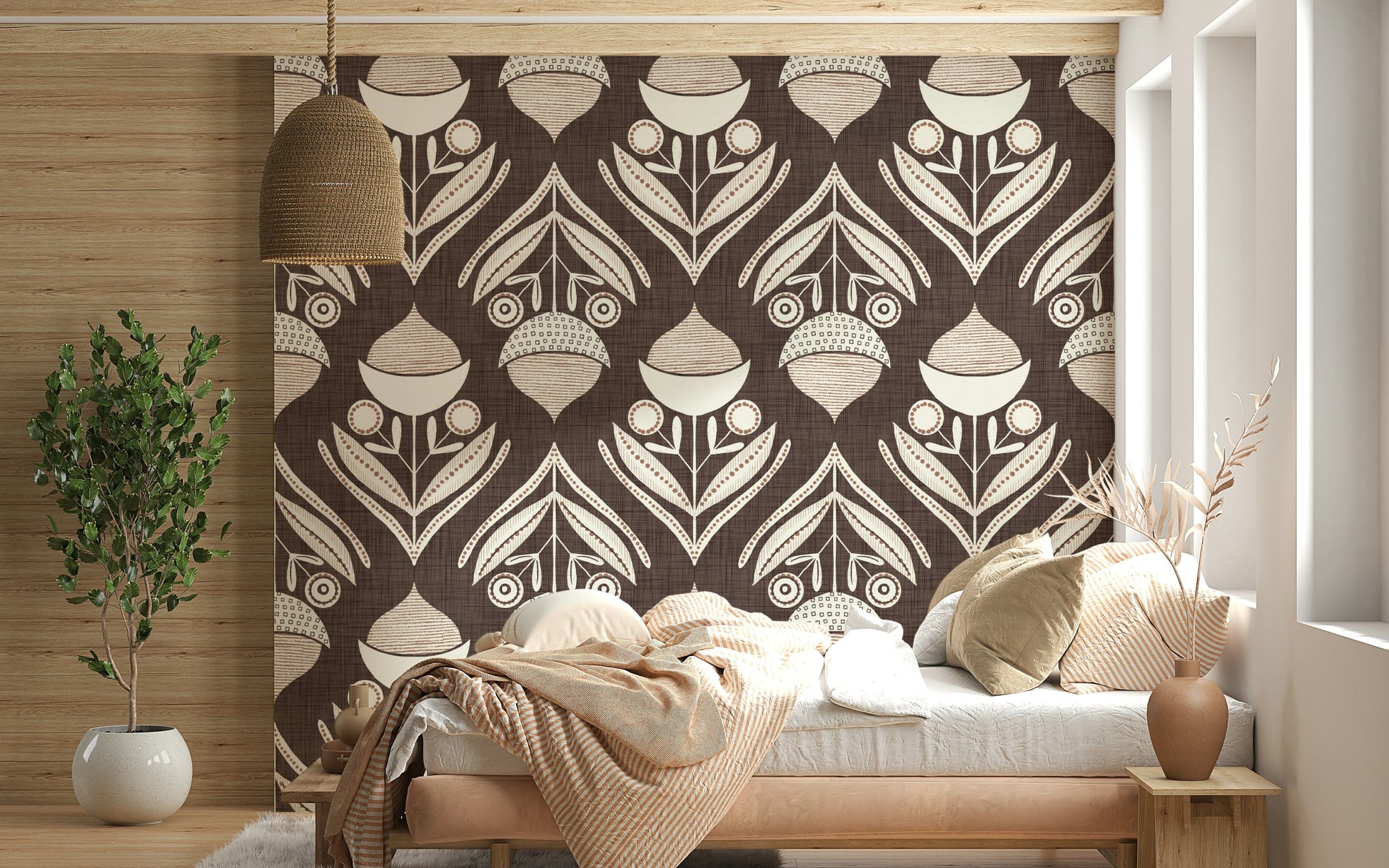 Decorative wallpaper mural with symmetrical floral shapes and earthy geometric detailing.