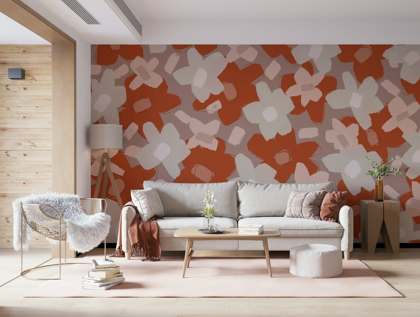 An artistic botanical garden mural on minimalist wallpaper.

