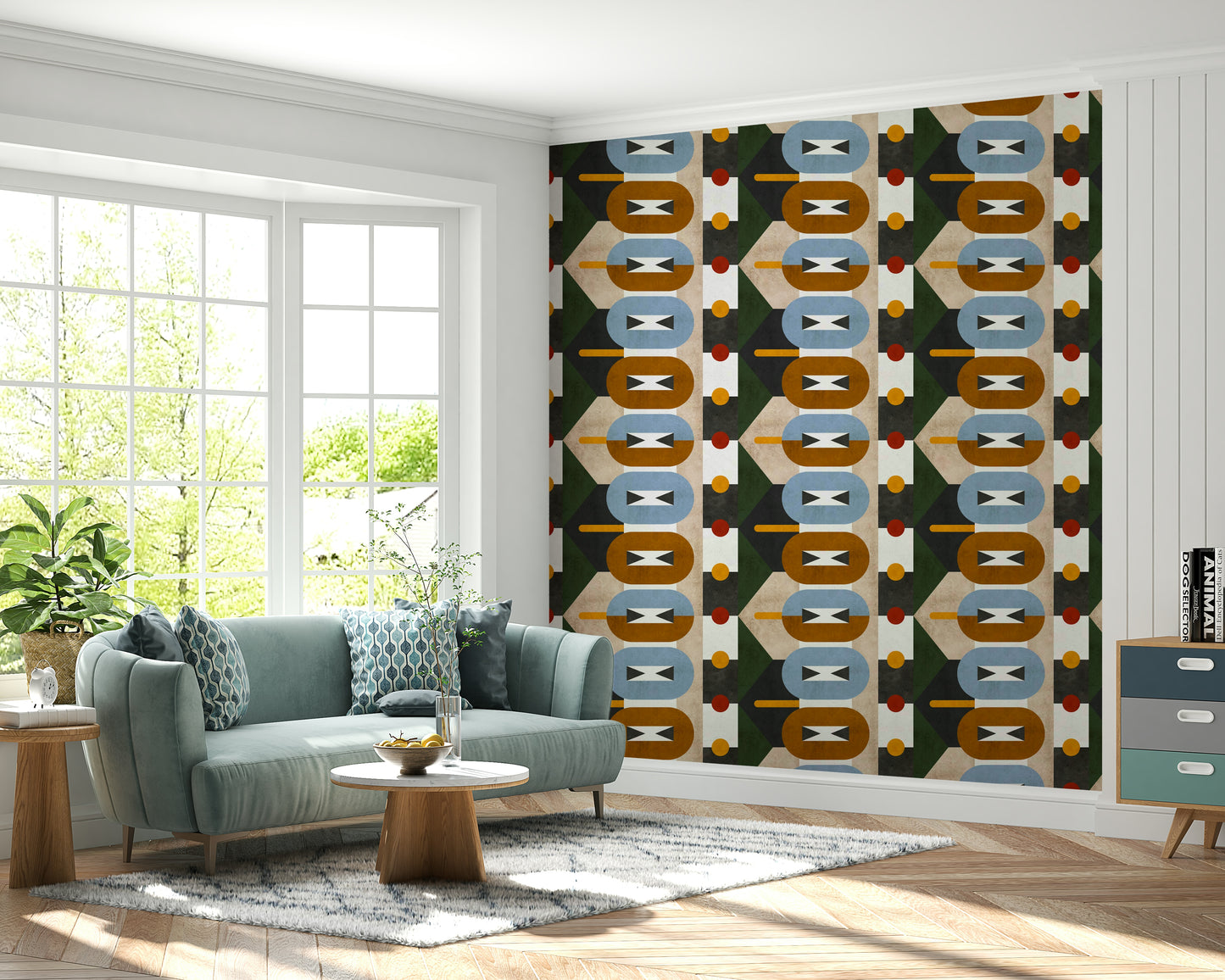 Blue and ochre graphic wall mural design

