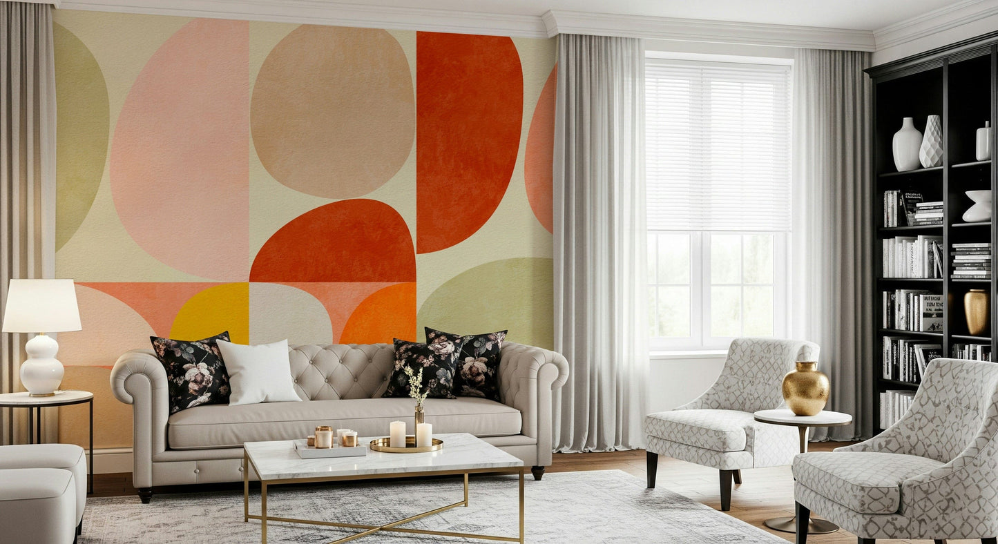 A peaceful geometric abstract mural on decorative wallpaper.

