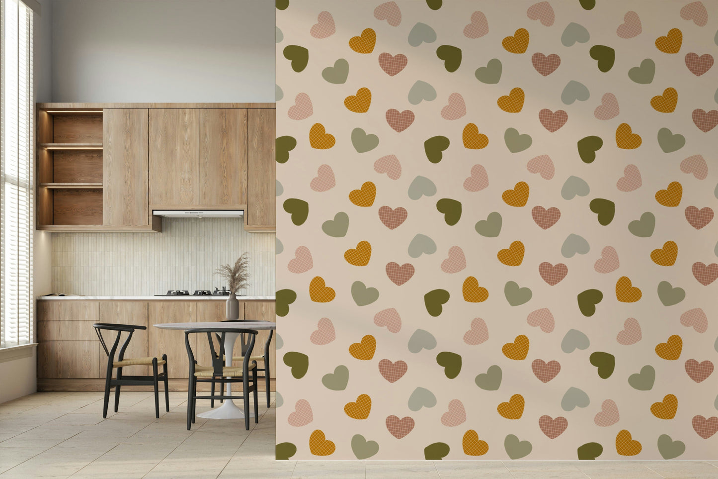 Earthy-toned hearts arranged in a whimsical scattered layout across the Heartfelt Harmony wallpaper.