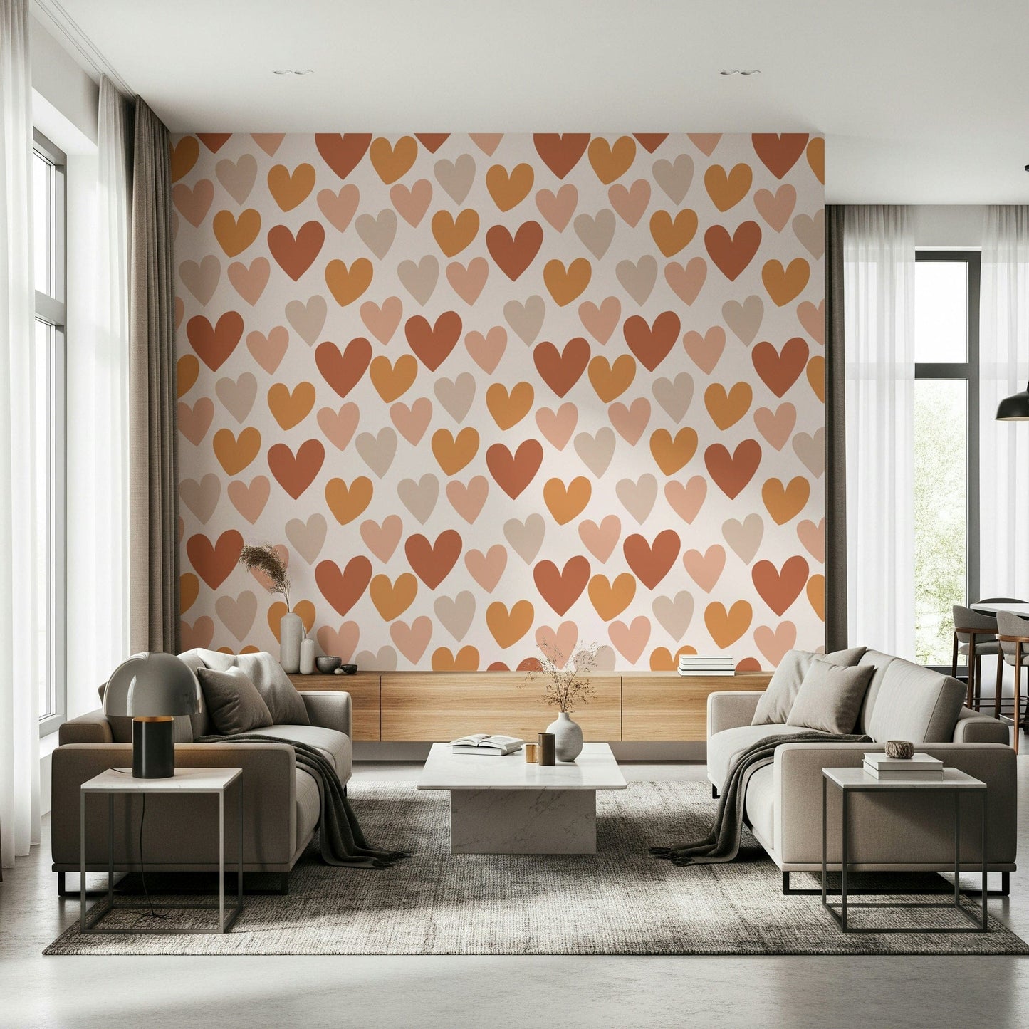 A boho-style wallpaper decorated with repeating earthy hearts in muted natural colors.