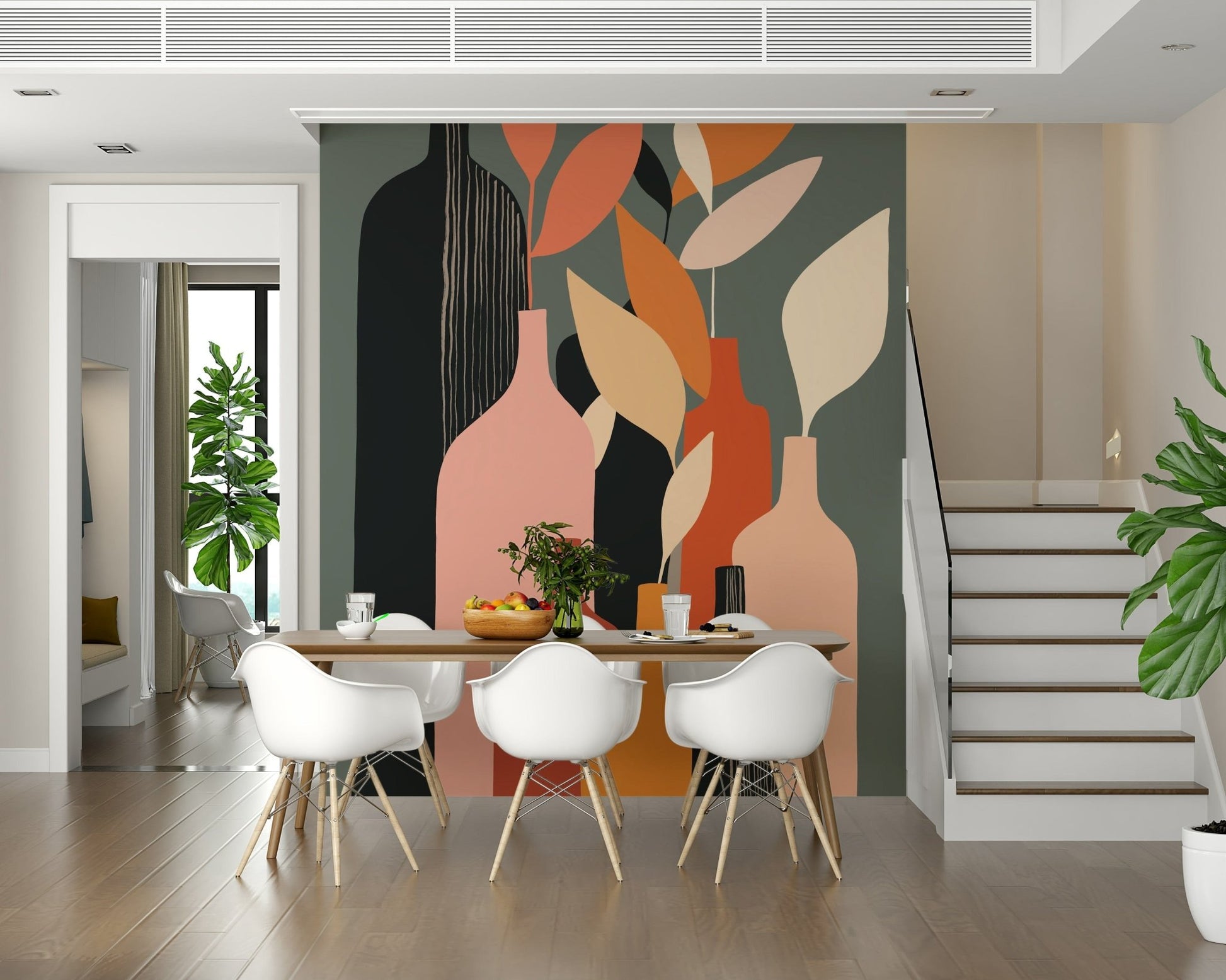 Earthy Hues Bottle Decor wallpaper mural in pink and sage behind a dining table with white chairs by a staircase