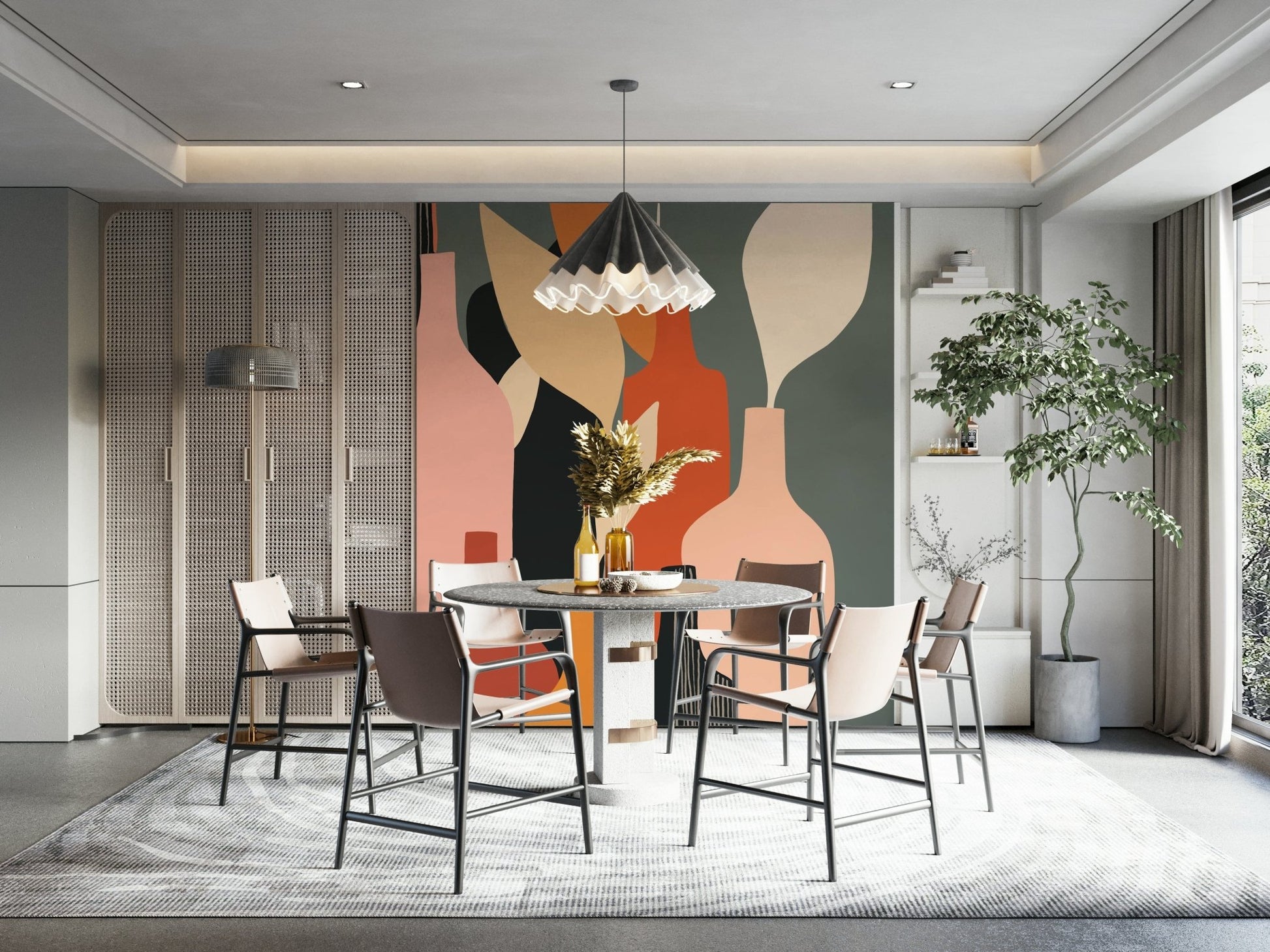 Earthy Hues Bottle Decor wallpaper mural in pink and sage behind a round dining table in a bright dining room