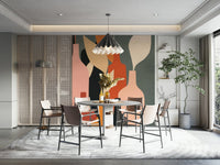 Earthy Hues Bottle Decor wallpaper mural in pink and sage behind a round dining table in a bright dining room