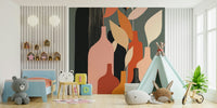 Earthy Hues Bottle Decor wallpaper mural in pink behind a blue toddler bed and teepee in a kids room