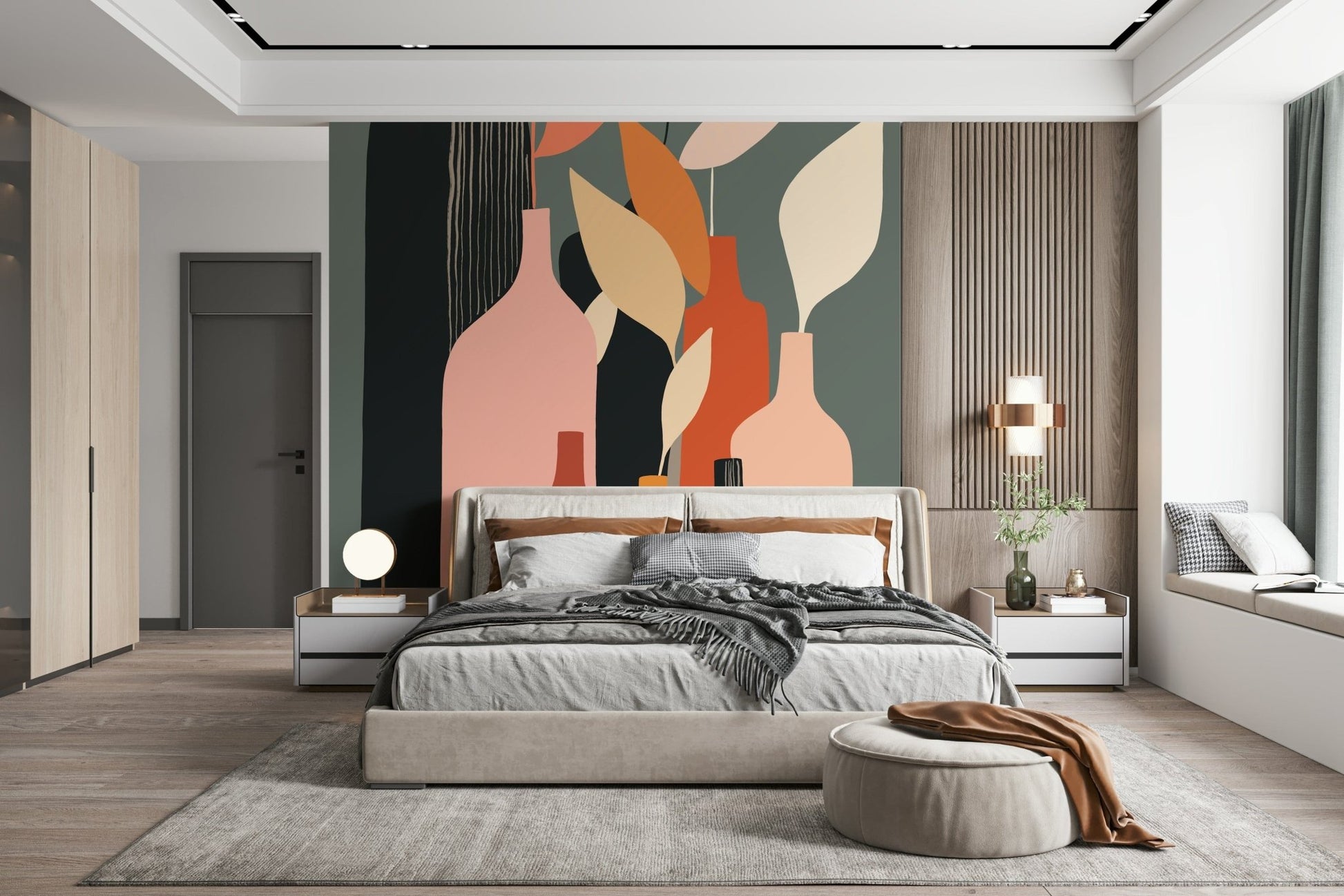 Earthy Hues Bottle Decor wallpaper mural with terracotta vases behind a bed with grey bedding in a bedroom