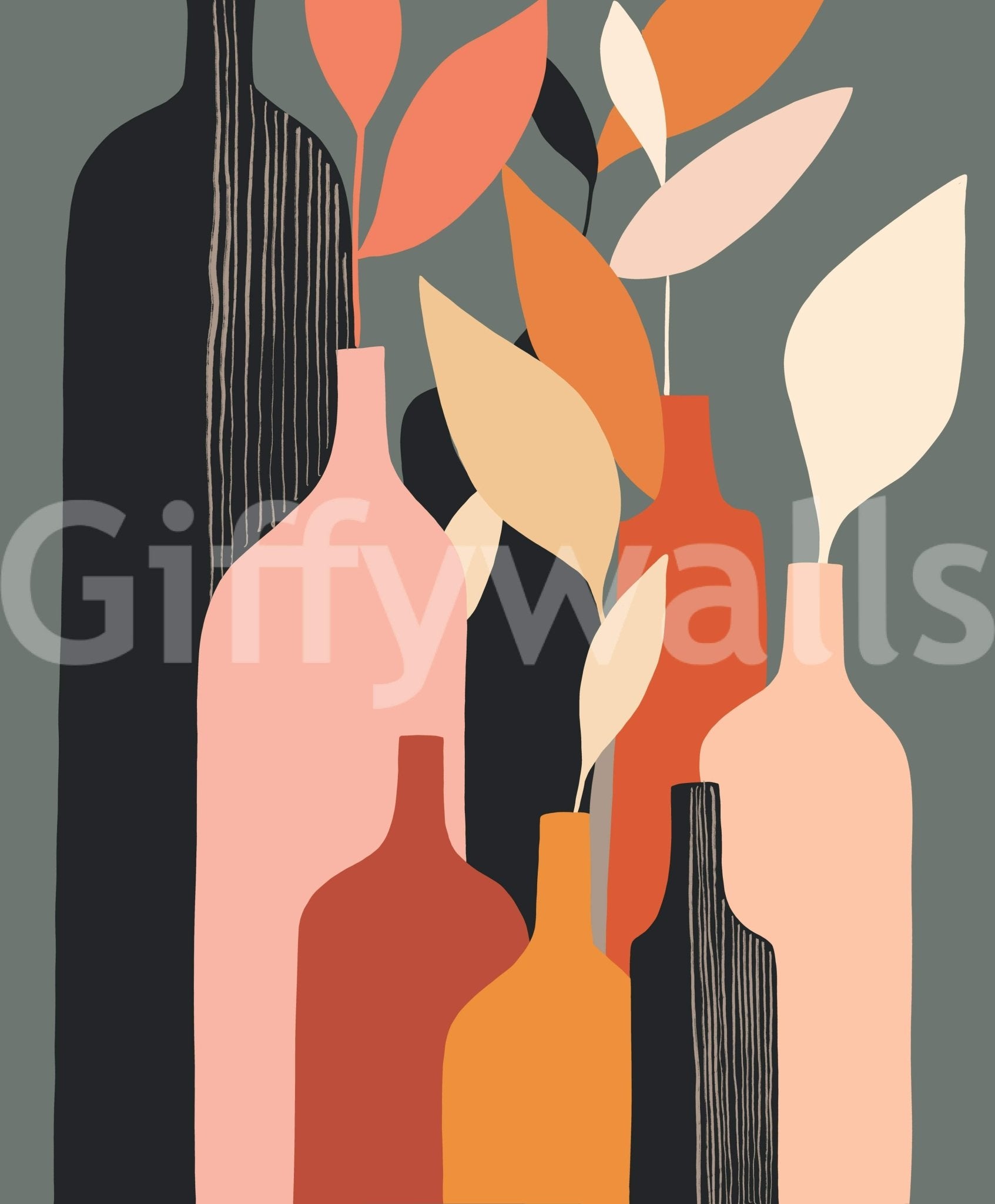 Earthy Hues Bottle Decor wallpaper mural close-up showing pink and terracotta bottles with leaves on sage green