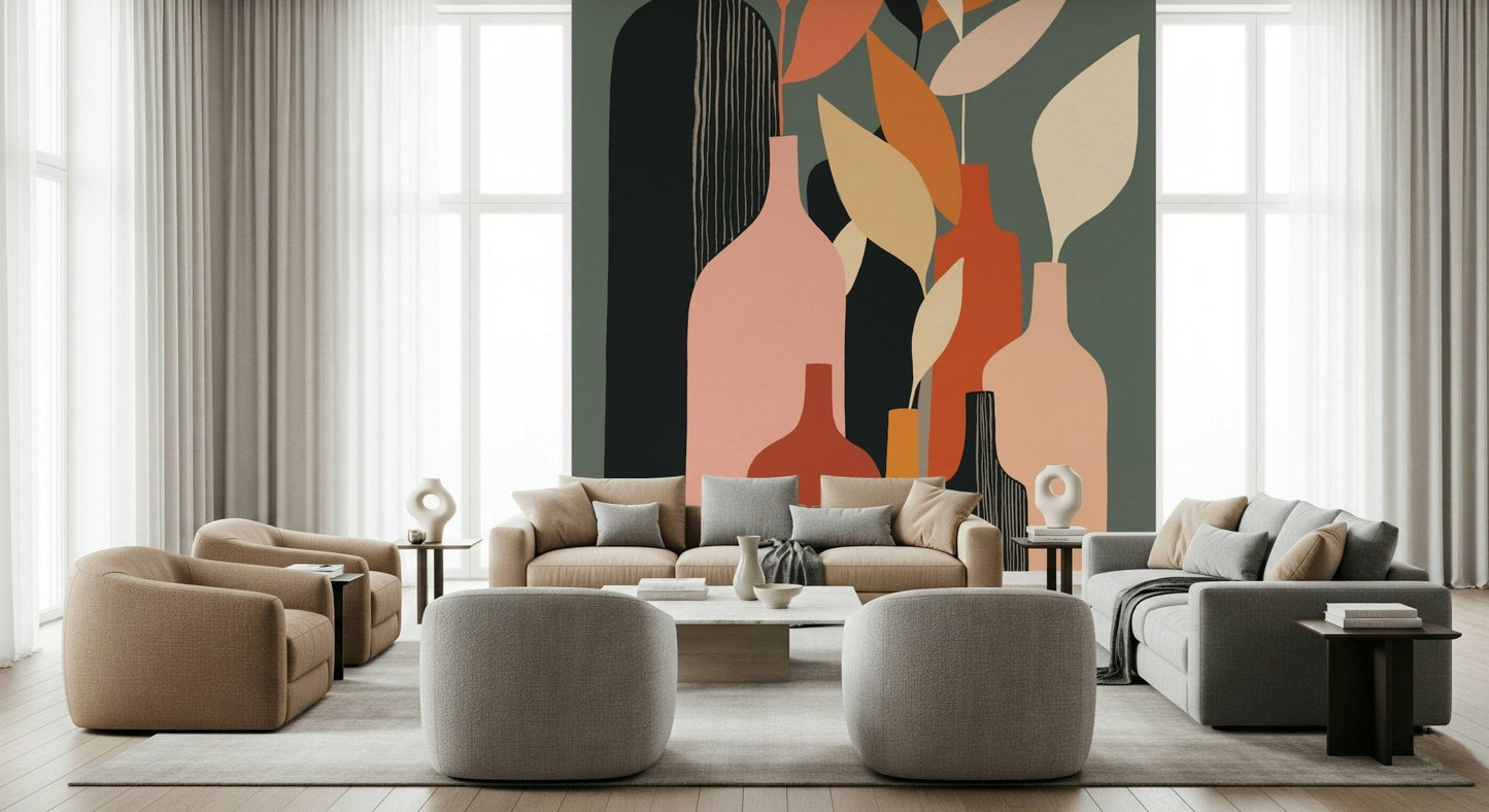 Earthy Hues Bottle Decor wallpaper mural with terracotta vases behind beige and grey sofas in a living room