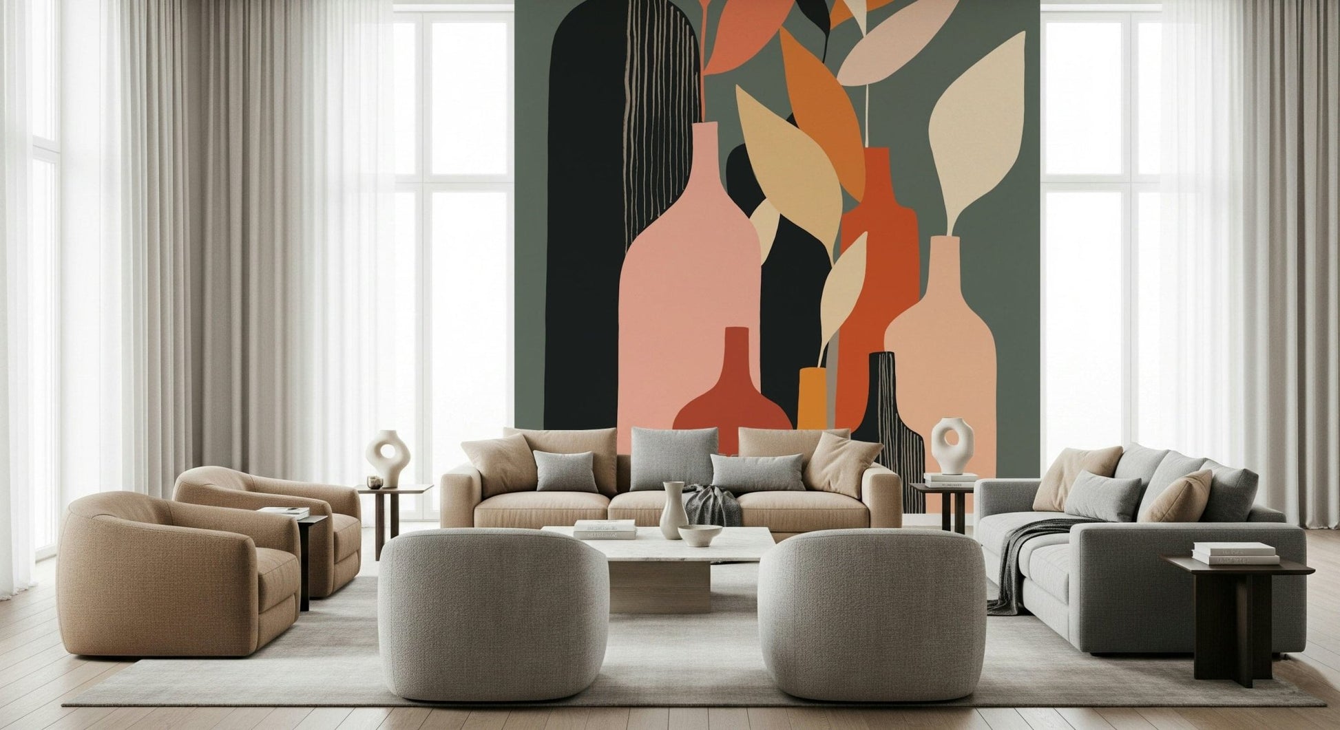 Earthy Hues Bottle Decor wallpaper mural with terracotta vases behind beige and grey sofas in a living room