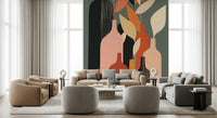Earthy Hues Bottle Decor wallpaper mural with terracotta vases behind beige and grey sofas in a living room