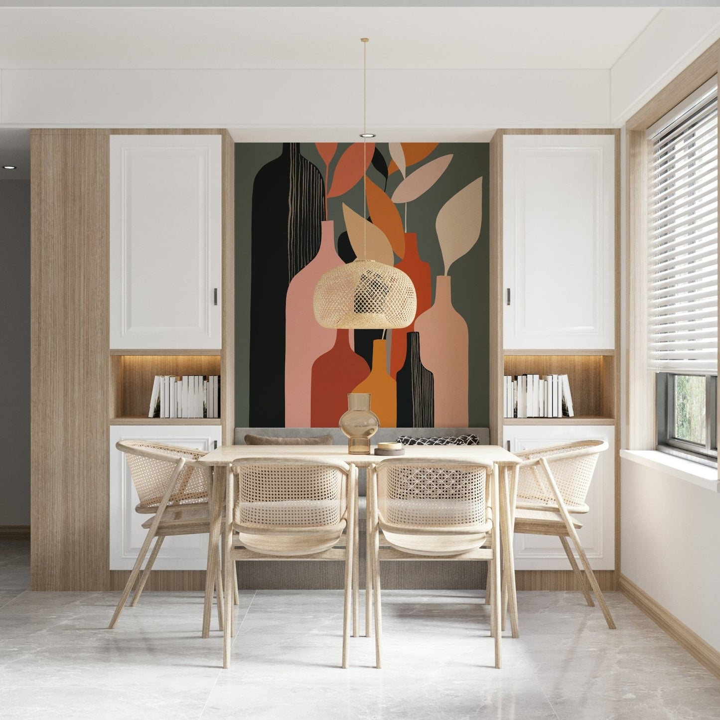 Earthy Hues Bottle Decor wallpaper mural in pink behind a wood dining table with rattan chairs in a dining room
