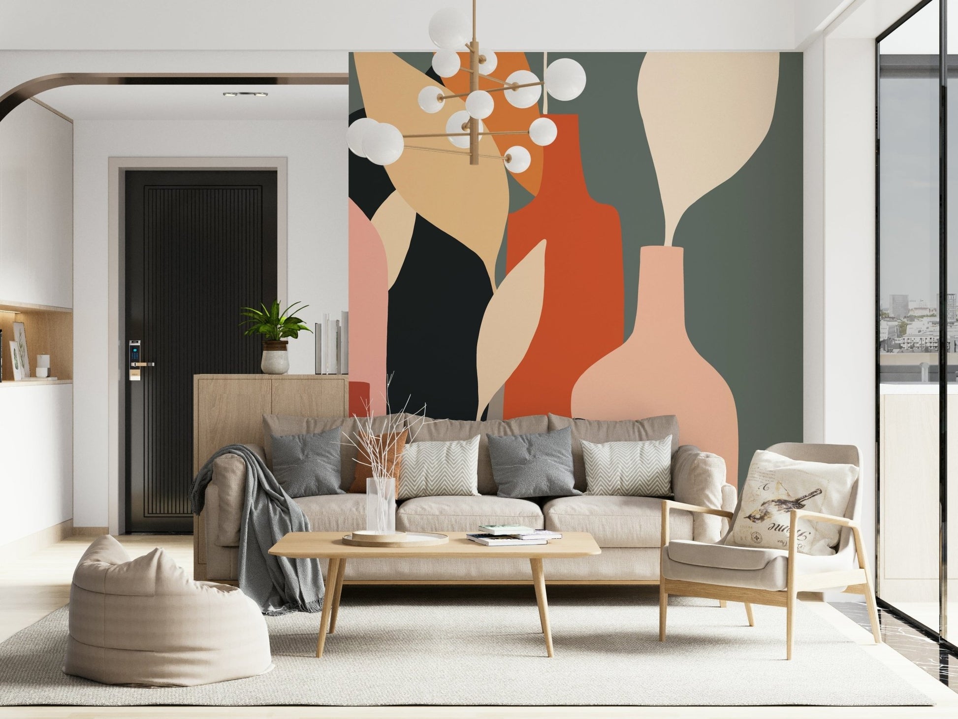 Earthy Hues Bottle Decor wallpaper mural in terracotta behind a beige sofa and wooden armchair in a living room