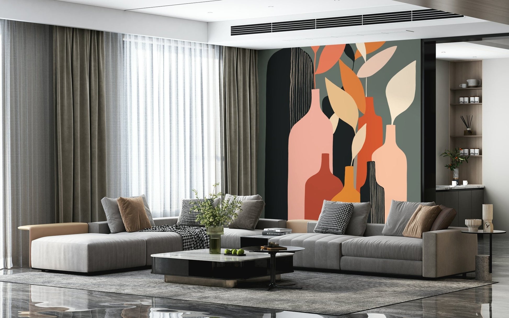Earthy Hues Bottle Decor wallpaper mural in pink and sage behind a large grey sectional sofa in a living room