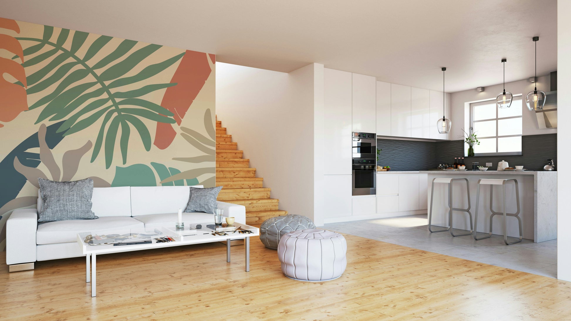 A contemplative botanical design wallpaper mural for a feature wall.

