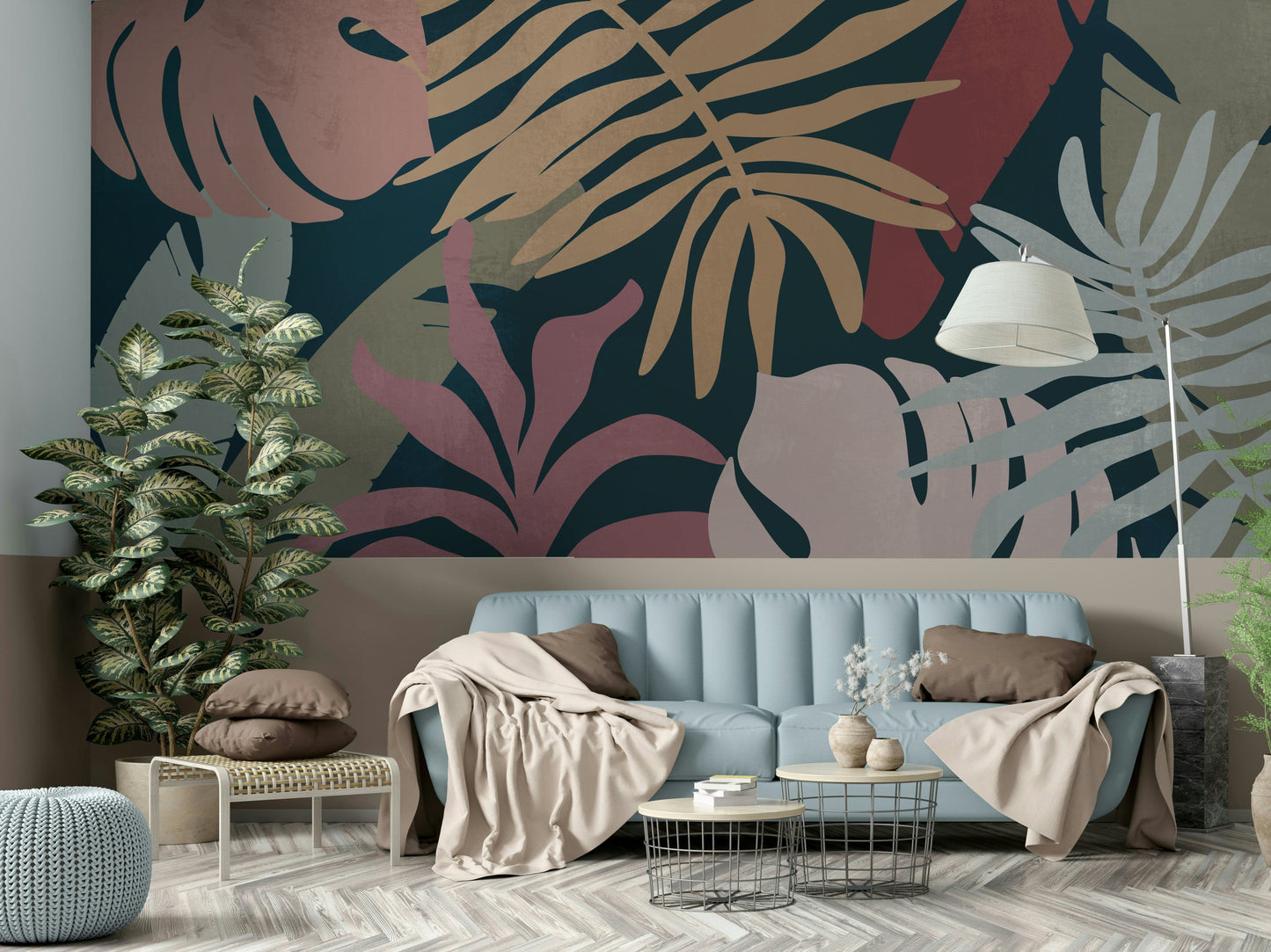 A calming foliage design wallpaper mural that defines a space.


