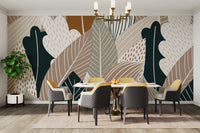 A peaceful wall mural with a tranquil autumn scene.

