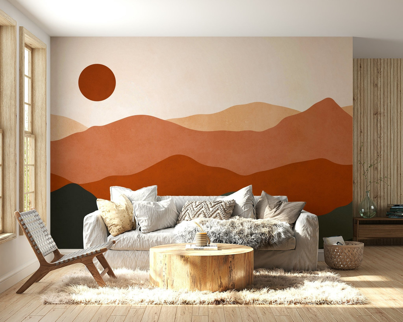 An abstract wall mural featuring a mountain landscape.

