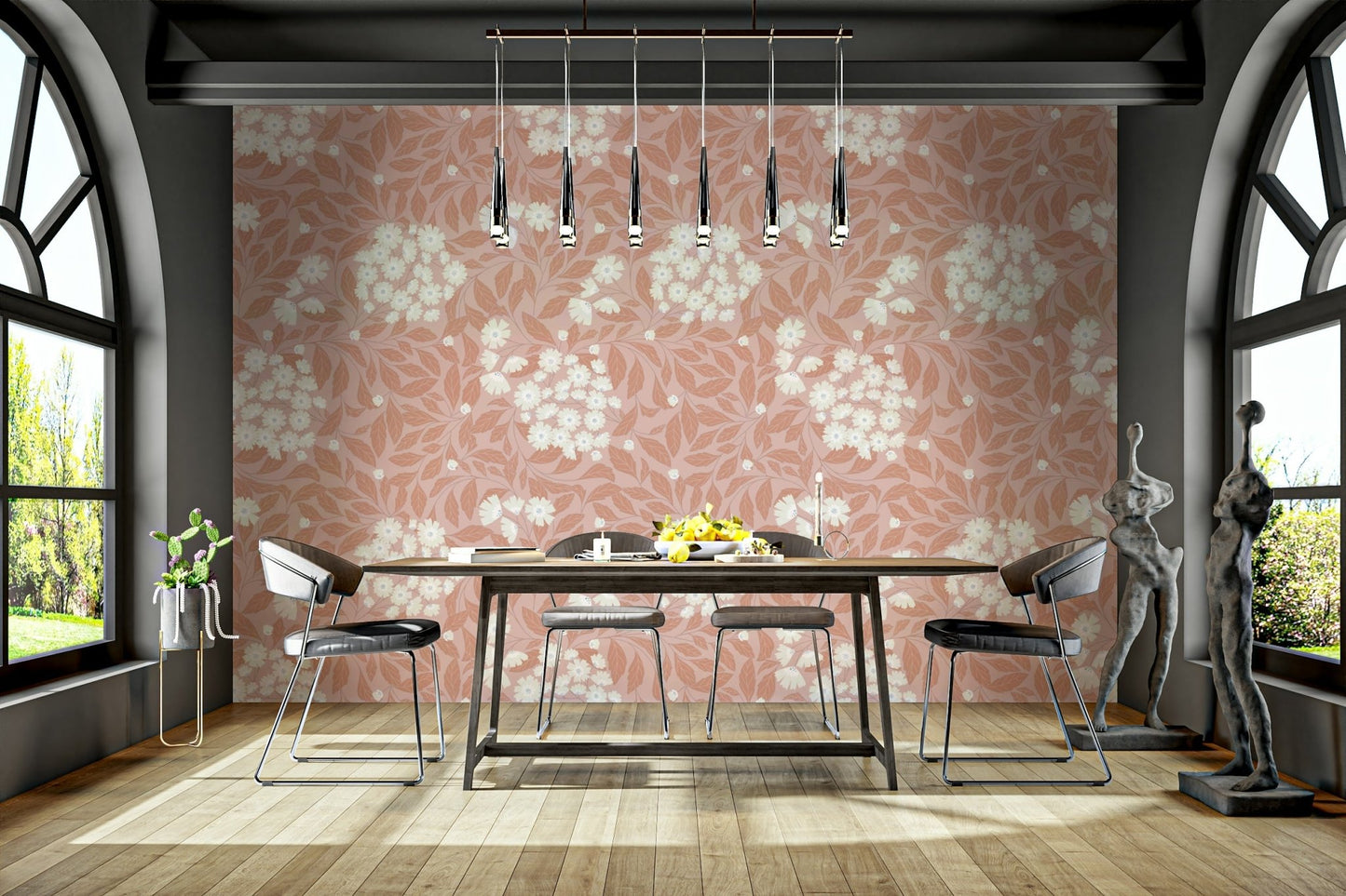 Matte finish wallpaper with soft petal textures and warm tones.