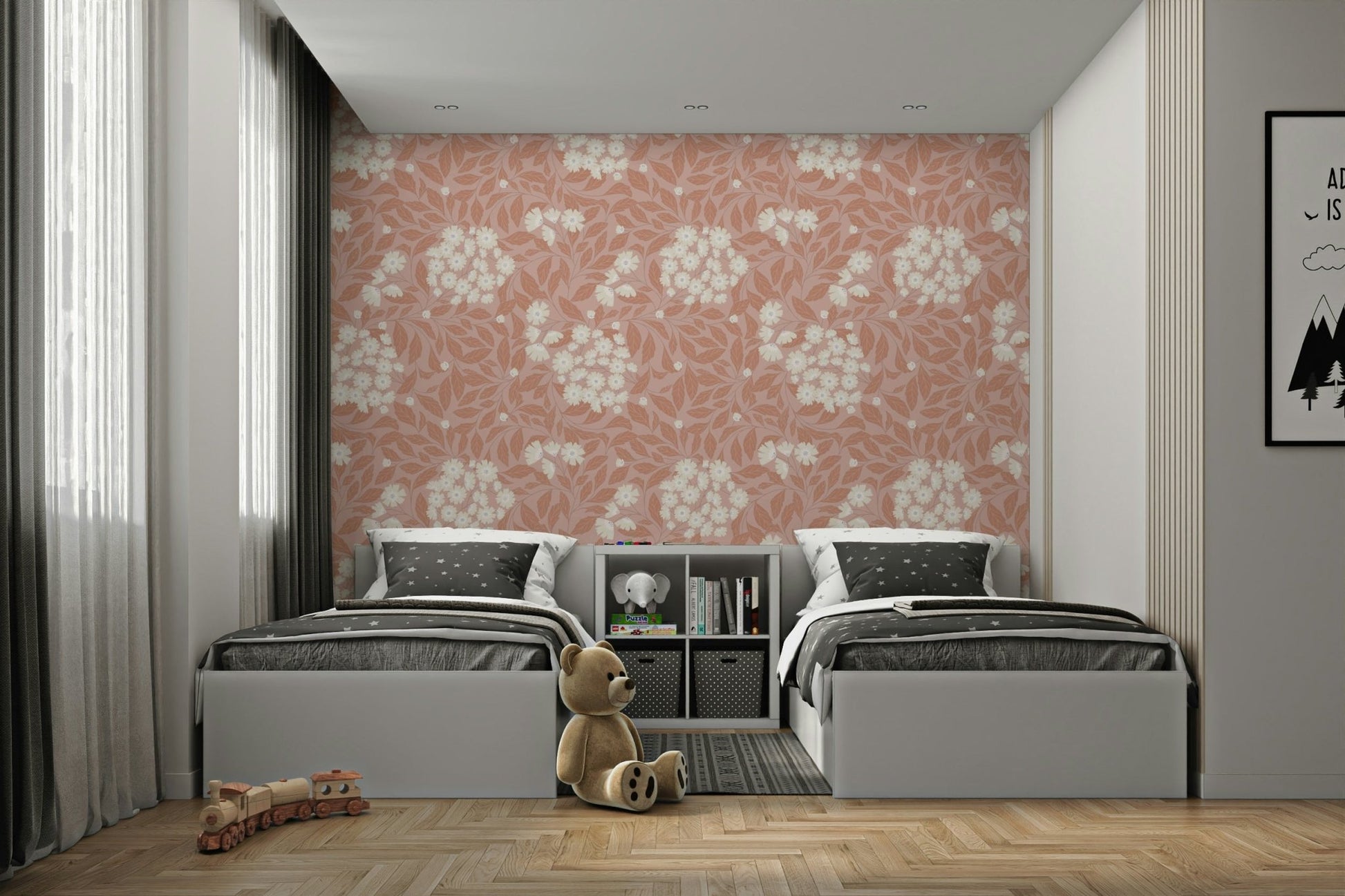 Large scale botanical print behind a cream sofa in a modern apartment.