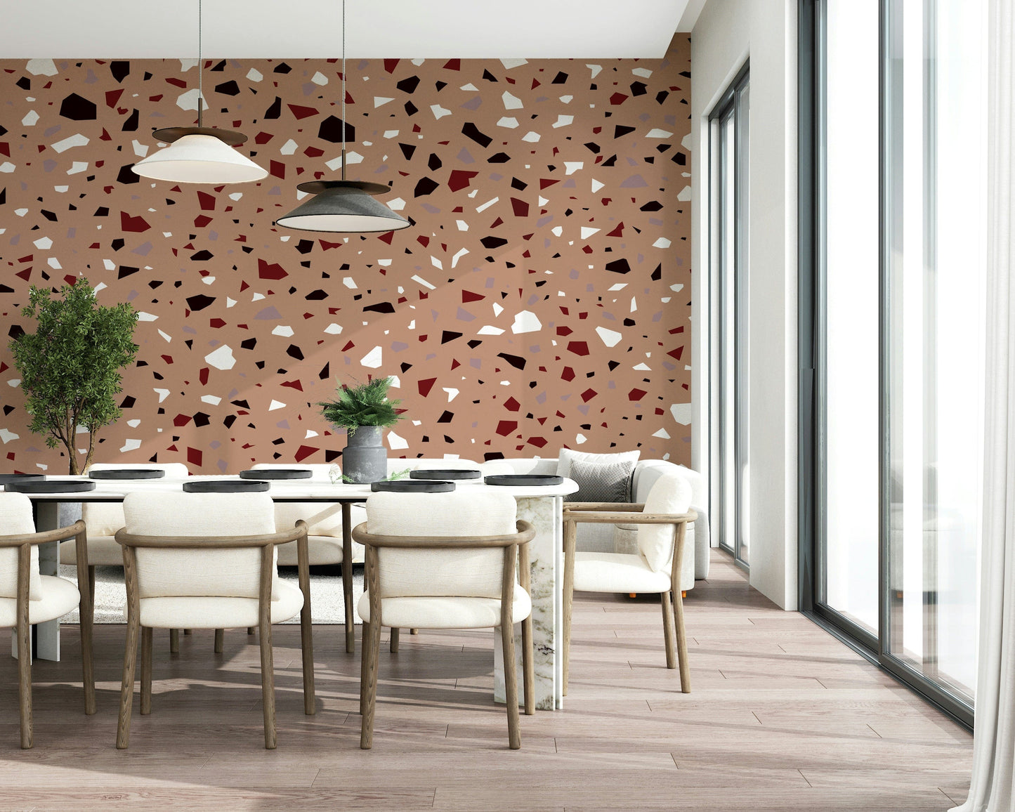 A calming abstract design wallpaper mural that defines a space.
