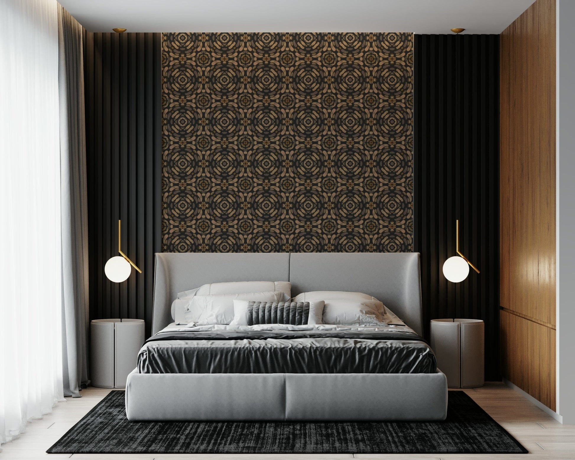 Modern symmetrical print with layered earth-tone patterns and natural textures.