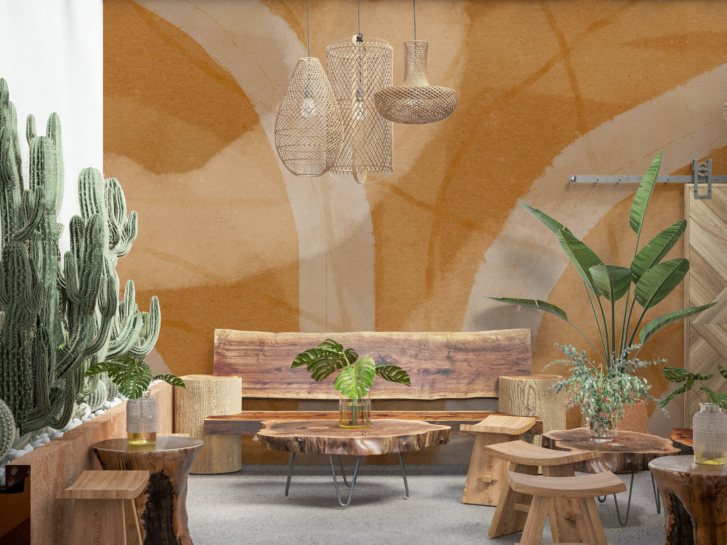 A peaceful flowing curve mural on decorative wallpaper.

