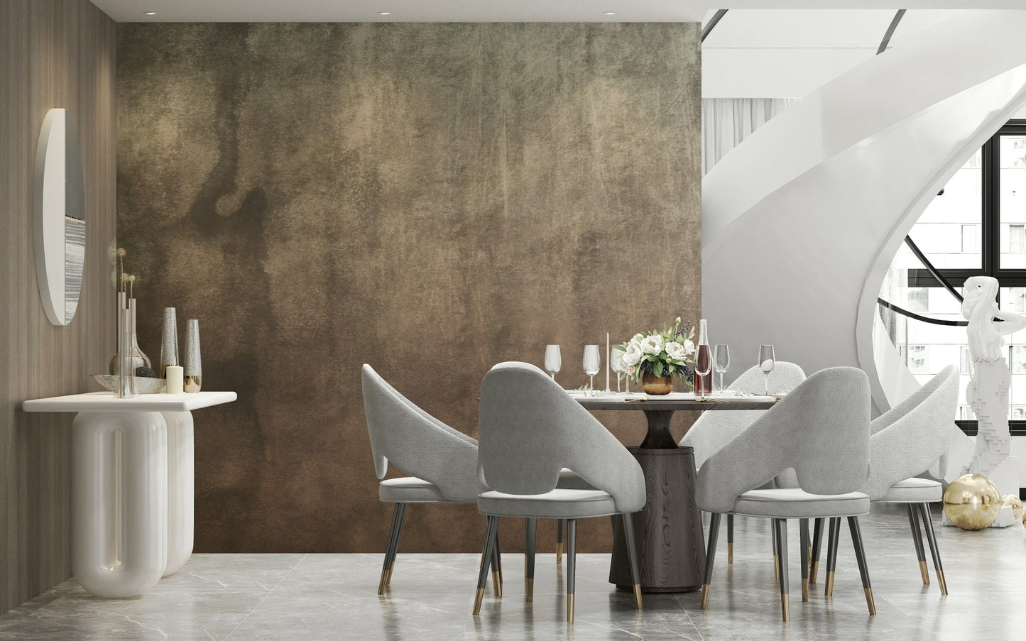 Earthy Textured Watercolour Mushroom wallpaper mural in rich brown beside a round dining table with grey chairs