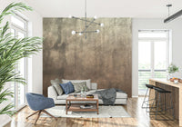 Earthy Textured Watercolour Mushroom wallpaper mural in brown behind a white sofa and blue chair in a living room
