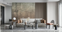 Earthy Textured Watercolour Mushroom wallpaper mural in deep brown beside a round dining table and beige chairs
