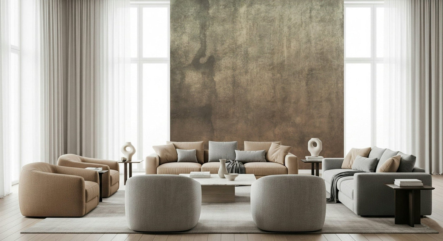Earthy Textured Watercolour Mushroom wallpaper mural in olive brown behind beige armchairs in a tall living room