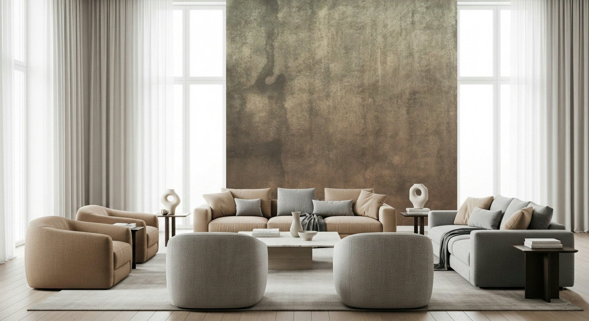 Earthy Textured Watercolour Mushroom wallpaper mural in olive brown behind beige armchairs in a tall living room