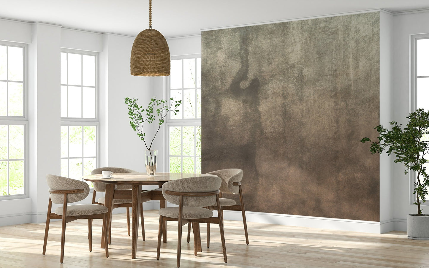 Earthy Textured Watercolour Mushroom wallpaper mural in warm brown beside a round dining table with a rattan pendant light