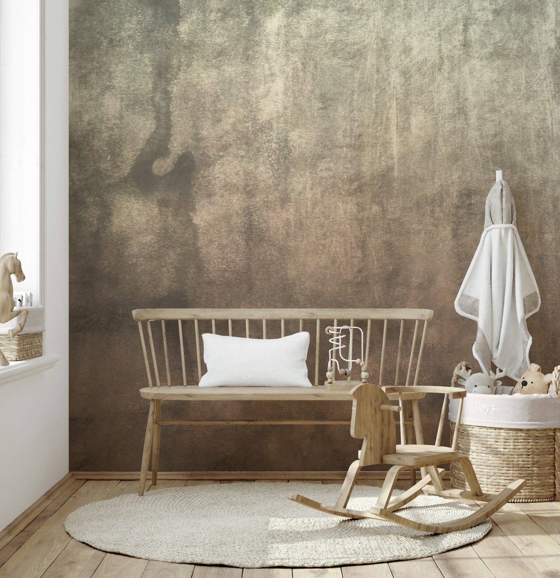 Earthy Textured Watercolour Mushroom wallpaper mural in warm taupe behind a wooden bench in a neutral nursery