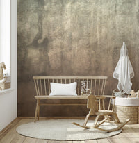 Earthy Textured Watercolour Mushroom wallpaper mural in warm taupe behind a wooden bench in a neutral nursery
