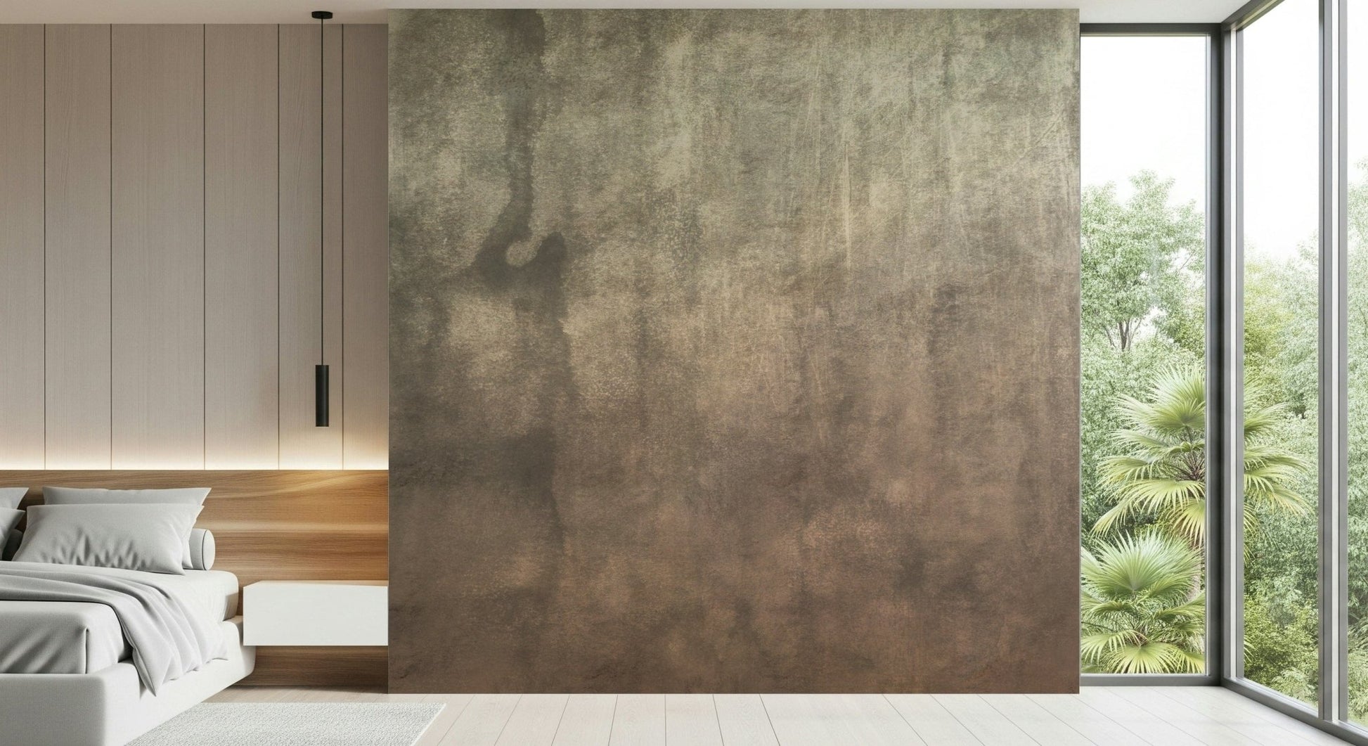 Earthy Textured Watercolour Mushroom wallpaper mural in green-brown behind a low bed in a bedroom by a garden window
