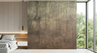 Earthy Textured Watercolour Mushroom wallpaper mural in green-brown behind a low bed in a bedroom by a garden window
