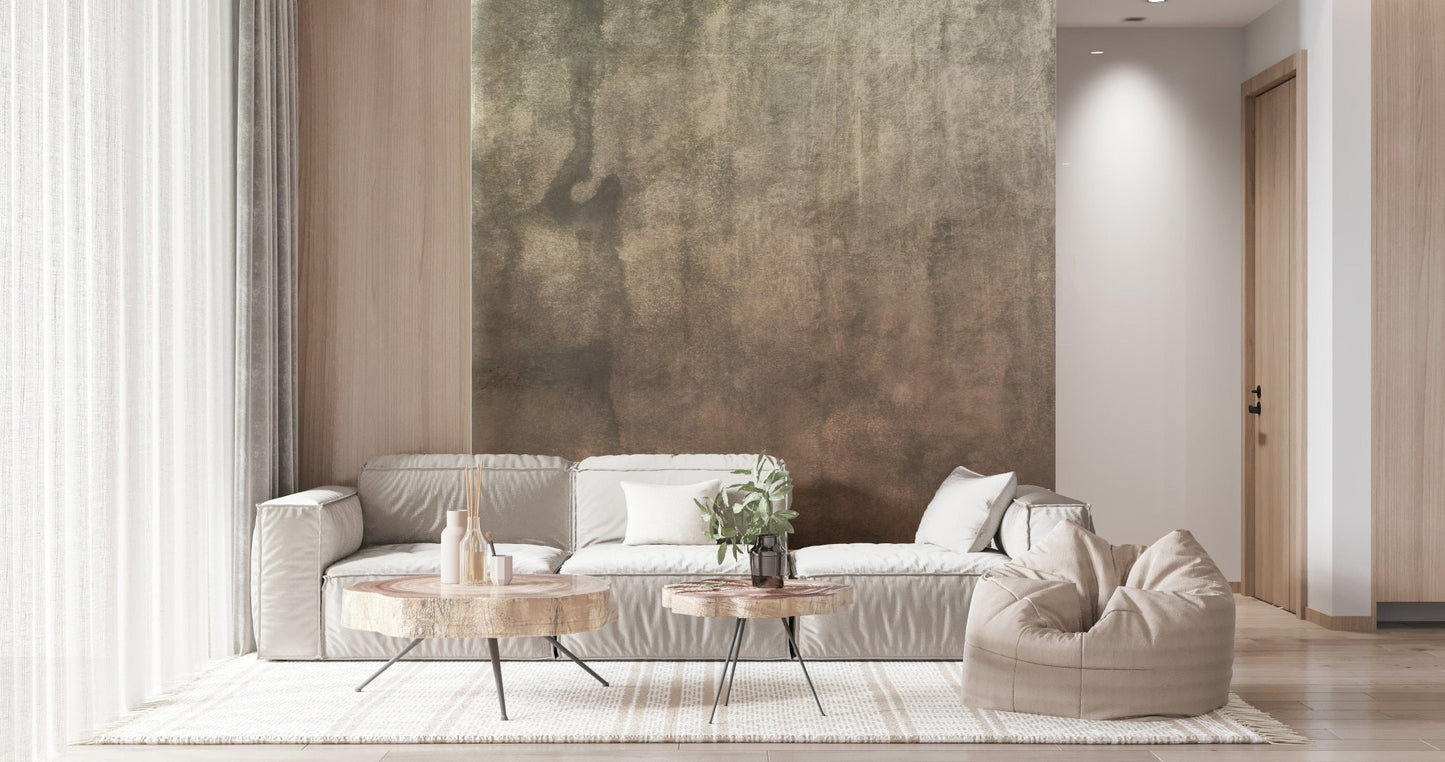 Earthy Textured Watercolour Mushroom wallpaper mural in green-brown tones behind a white sofa in a bright living room