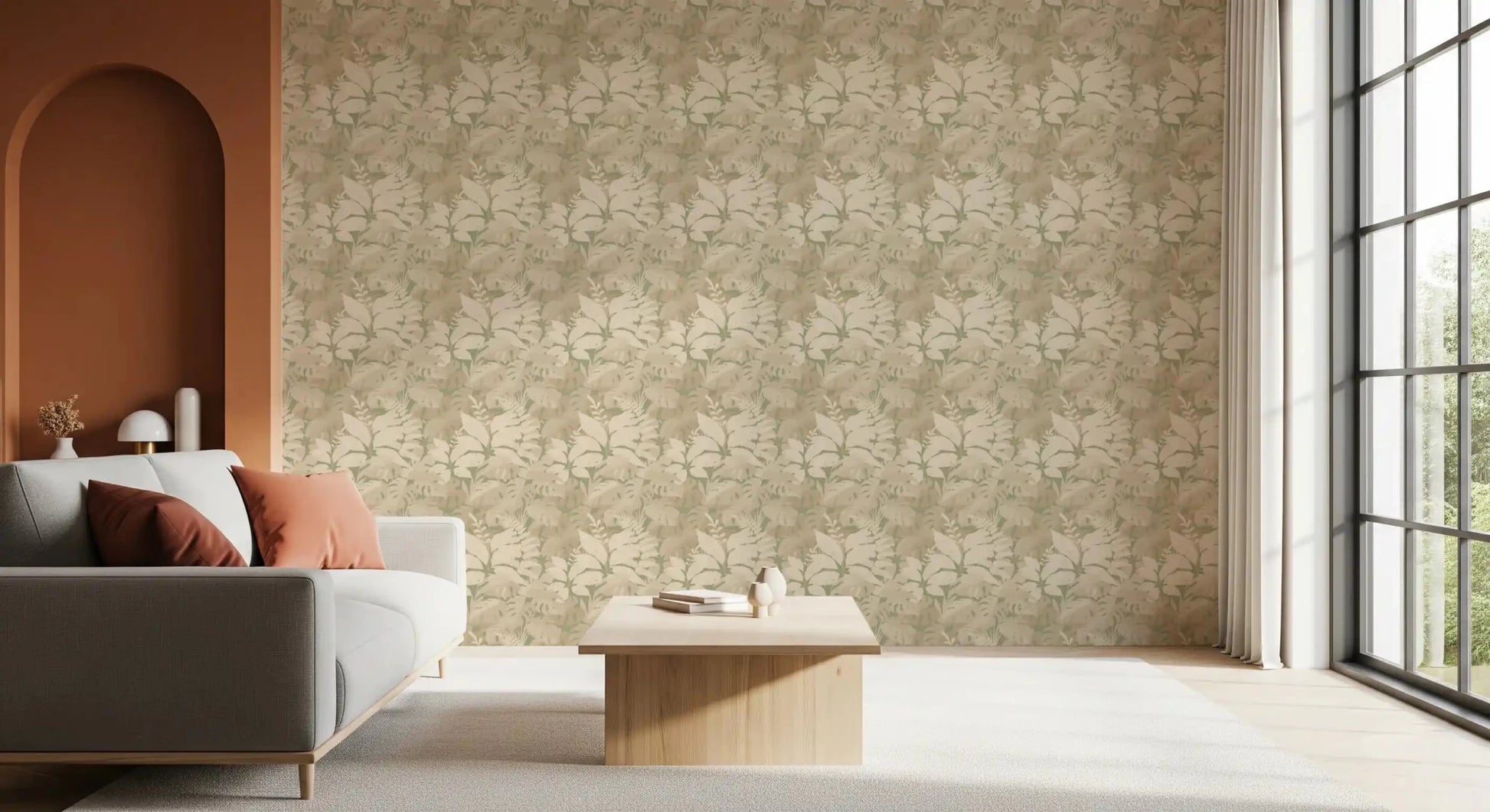 Hallway Earthy Tropics wallpaper featuring layered leaf silhouettes