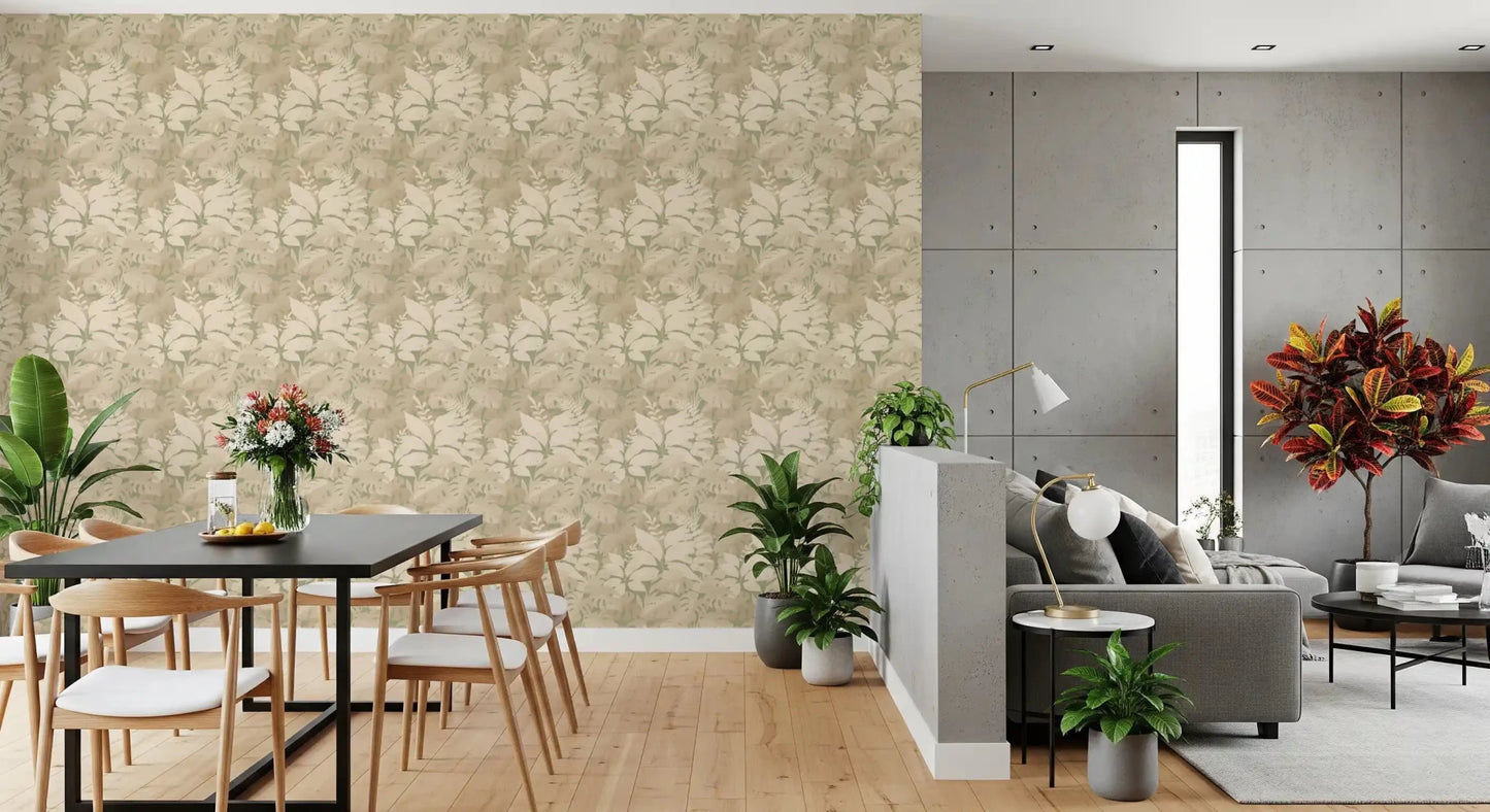 Tropical leaf wallpaper with soft beige botanical pattern
