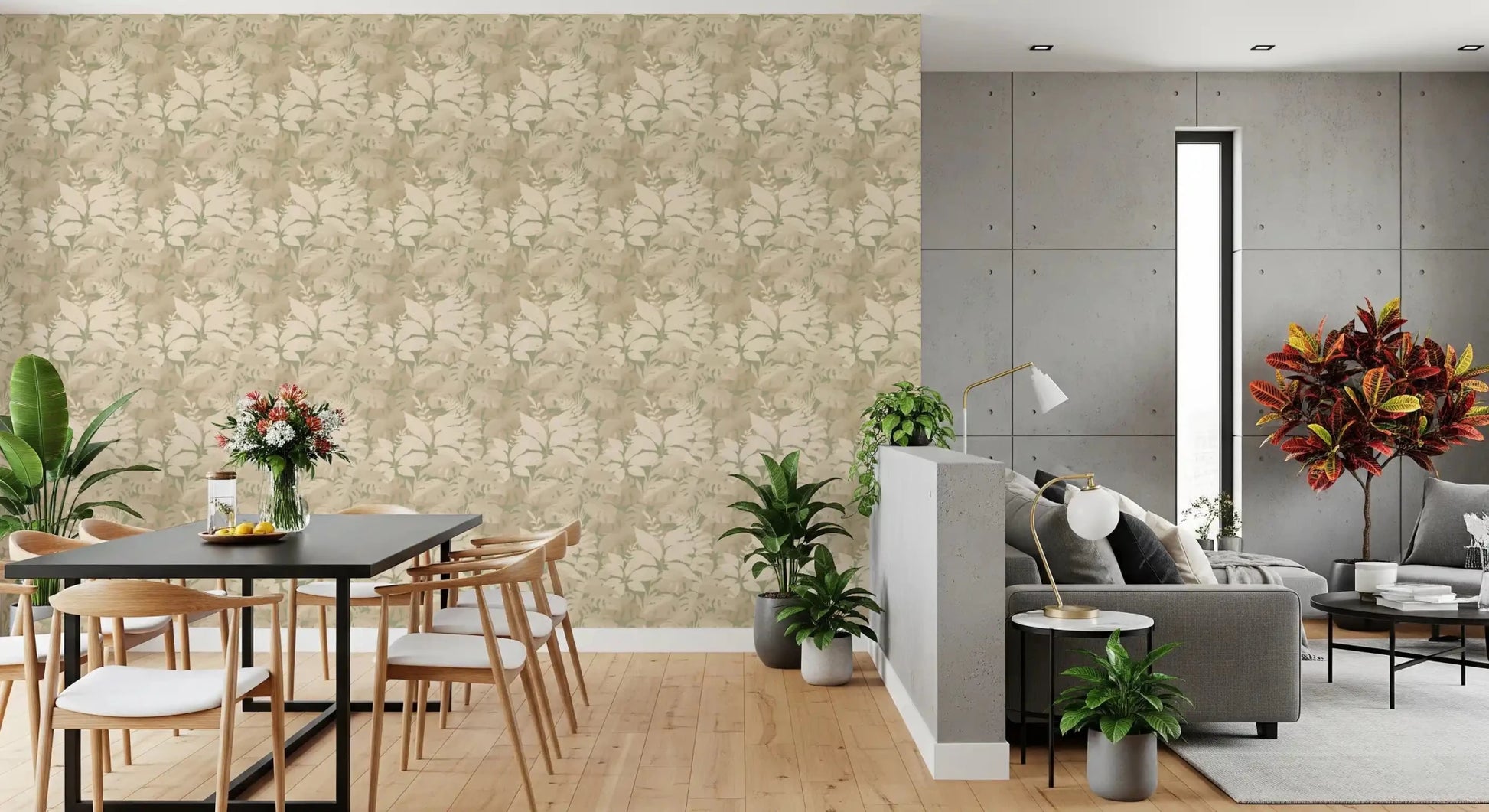 Tropical leaf wallpaper with soft beige botanical pattern