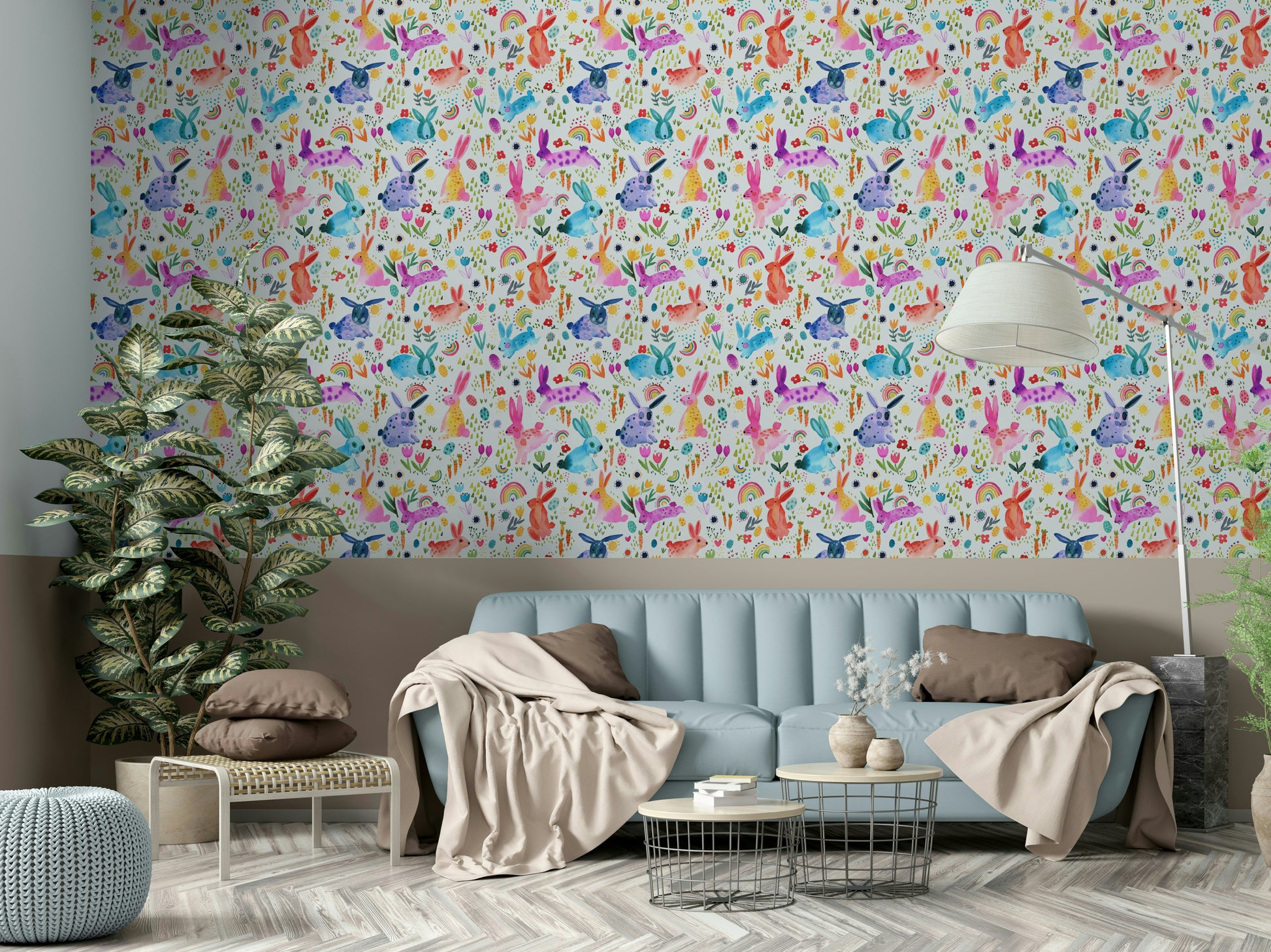 Whimsical spring meadow with Easter bunny art

