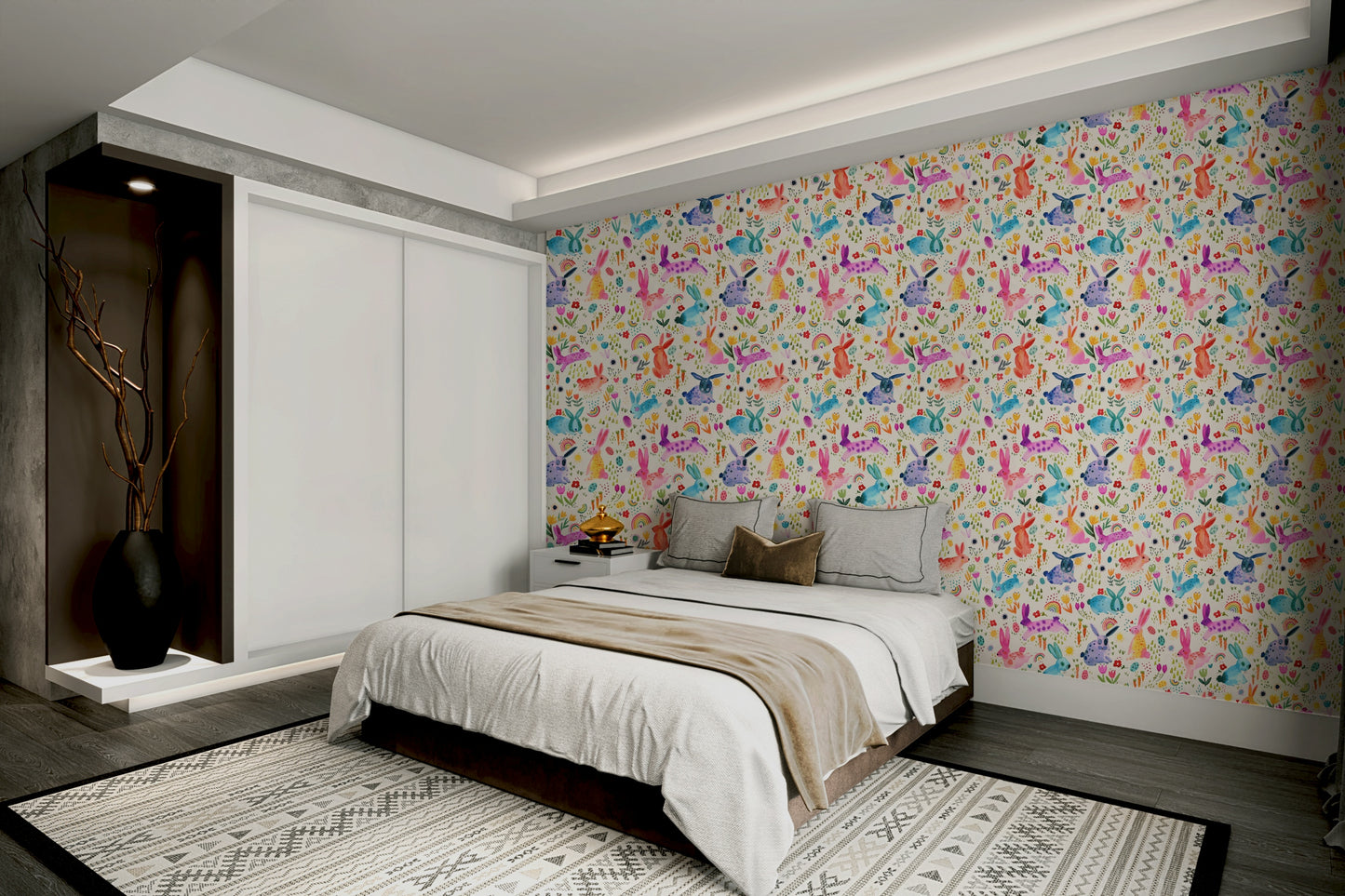 Easter-themed wall mural with rabbits and grass

