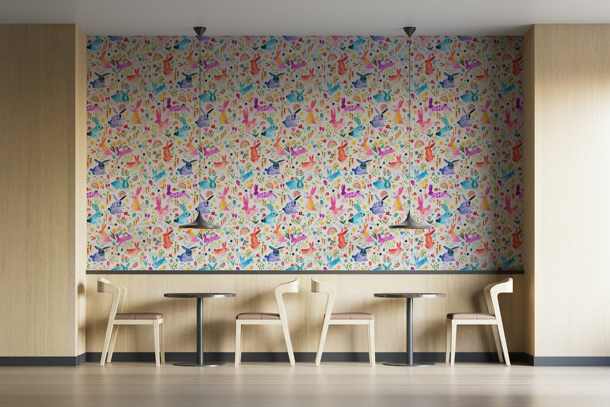 Meadow wallpaper with hopping Easter rabbits

