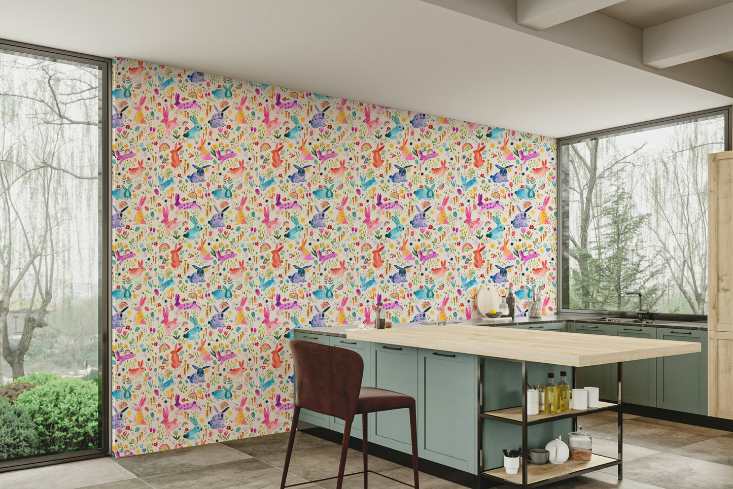 Soft pastel wallpaper with bunnies and flowers

