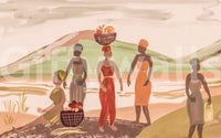 Echoes of the Motherland: Graceful African Women in Vibrant Traditional Attire Bearing the Harvest of Joy Wall Mural
