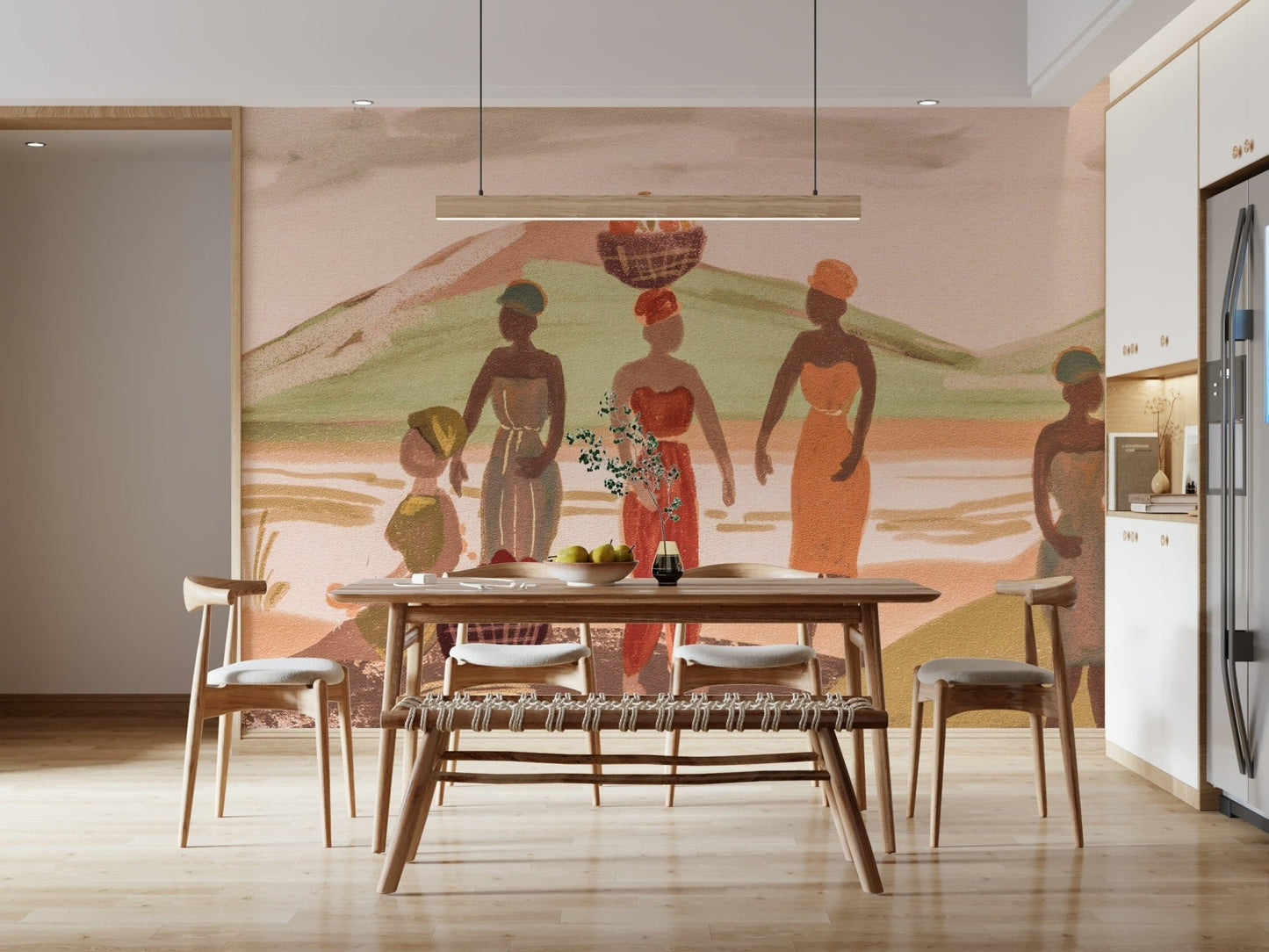 Decorative mural featuring vibrant patterns, graceful women, and celebratory harvest scenes.