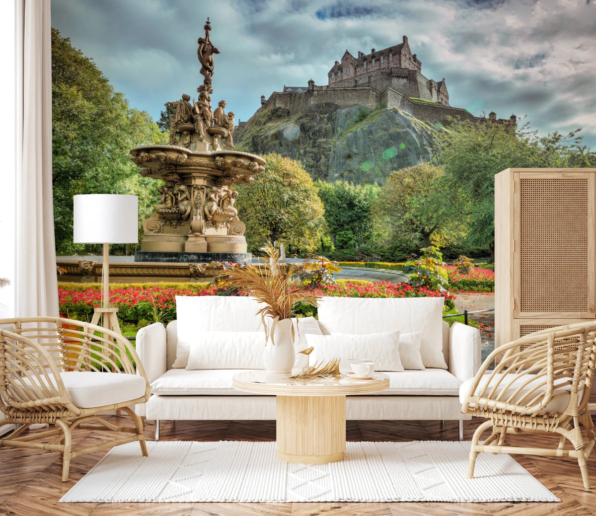 Edinburgh Castle wall mural with Ross Fountain and gardens behind a white sofa and rattan chairs